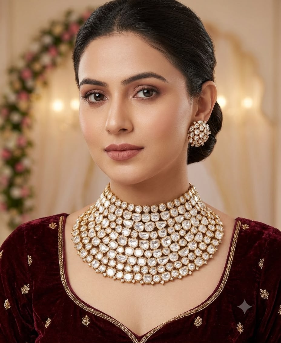 Beautiful Kundan Moissanite Necklace with Studs in Gold Plating AJ09