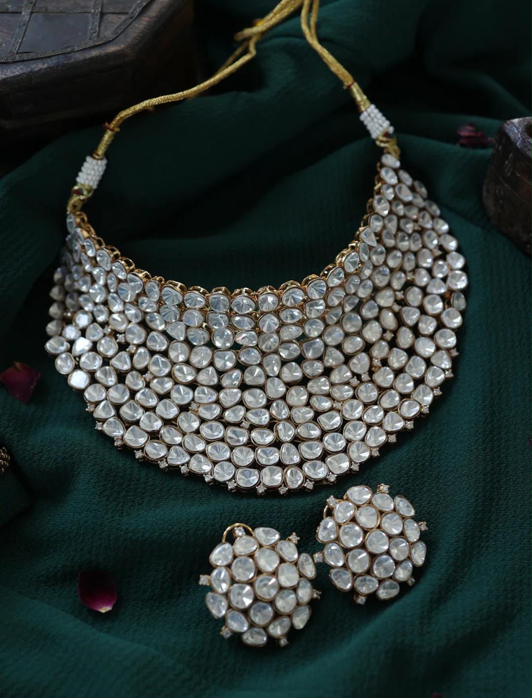 Beautiful Kundan Moissanite Necklace with Studs in Gold Plating AJ09