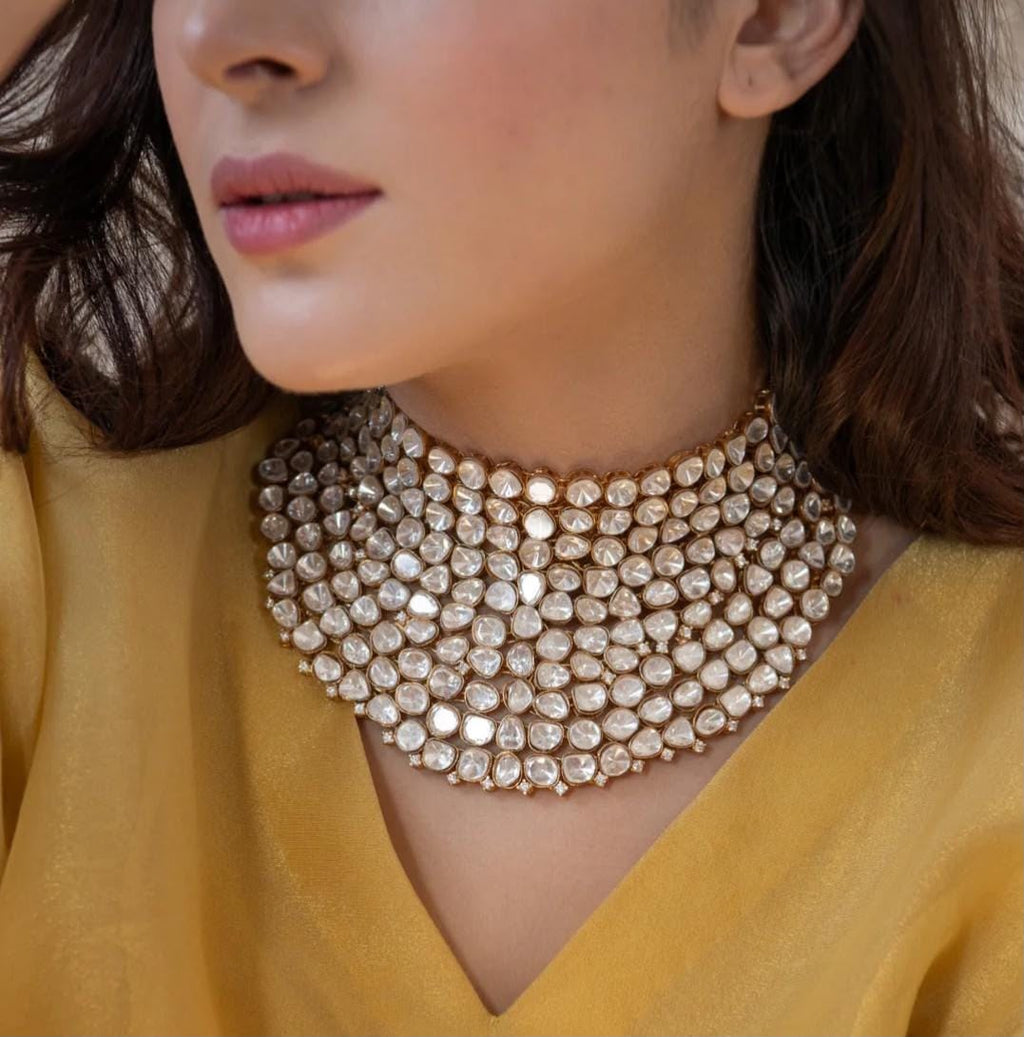 Beautiful Kundan Moissanite Necklace with Studs in Gold Plating AJ09